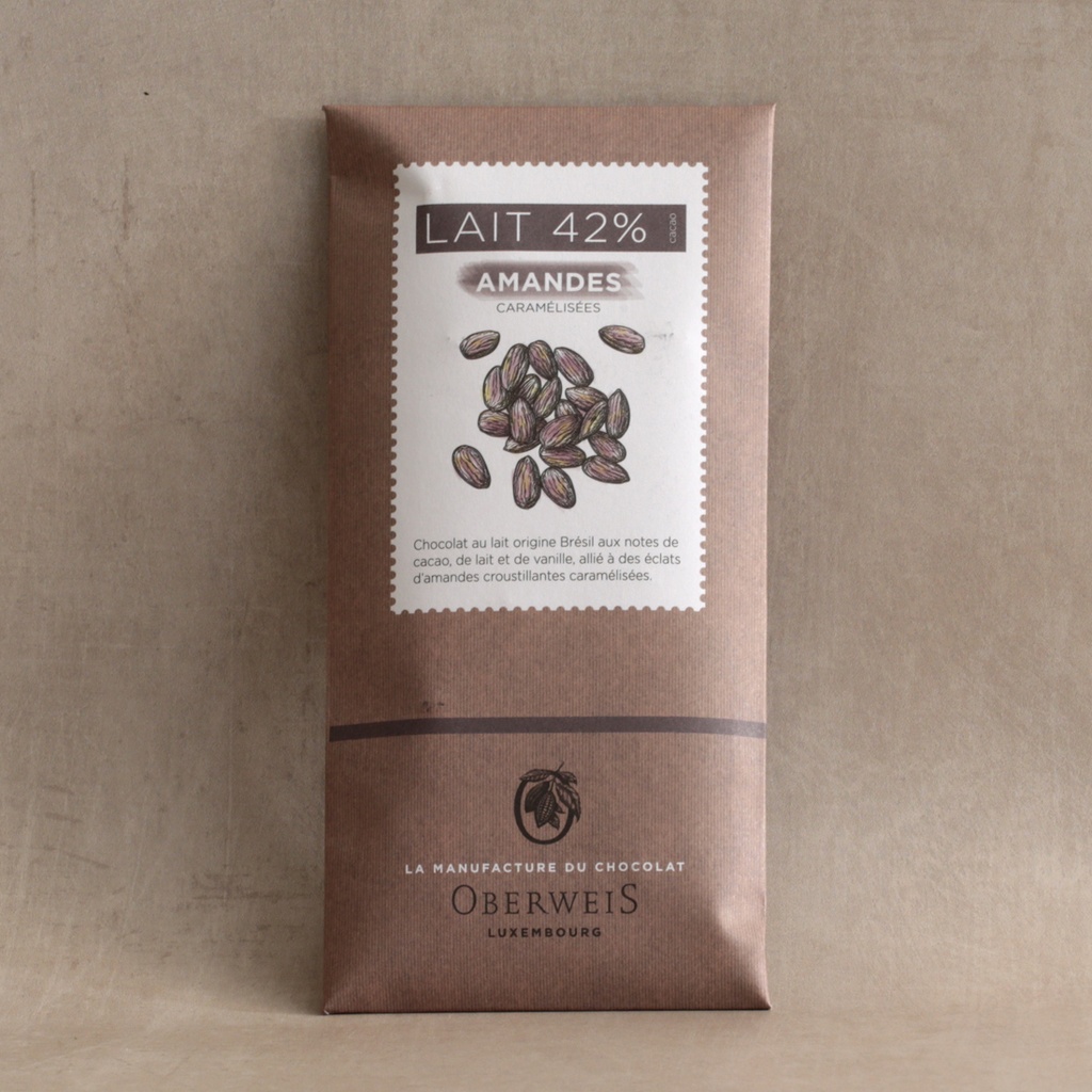 Tablette chocolat lait 42% et amandes caramélisées - 90 g