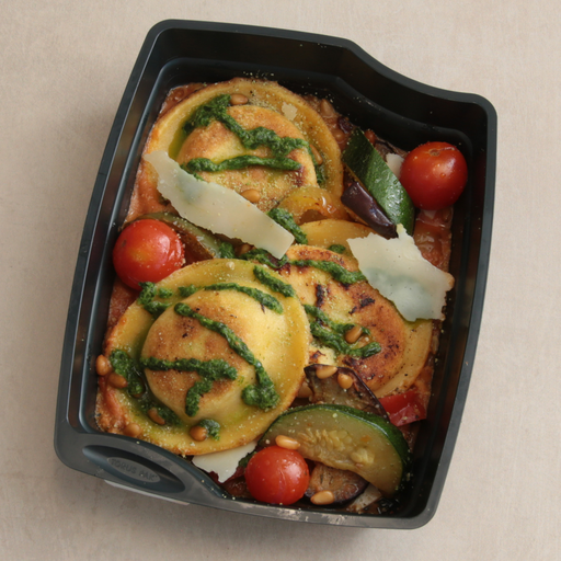 [011418*] Courgette ravioli with romesco sauce