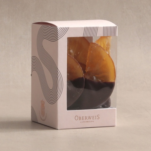 [013475*] Candied orange halves coated in dark chocolate
